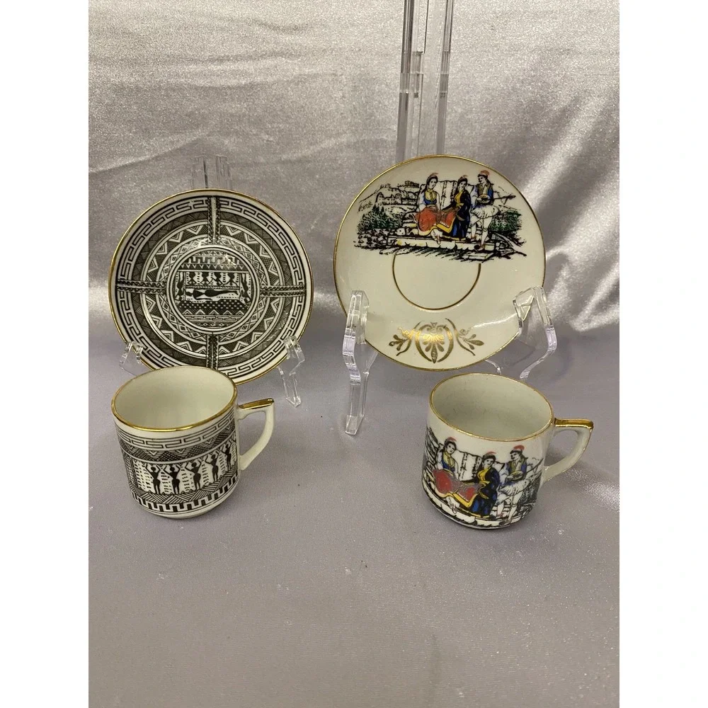2 Vintage Porcelain Greek Demitasse Espresso Cup & Saucer Sets Made In Greece